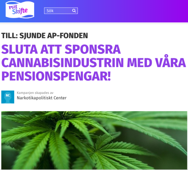 Namninsamling: Sluta att sponsra cannabisindustrin med våra pensionspengar!